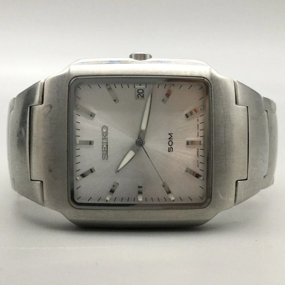 Seiko Watch Men Silver Tone Date 50M Recangle Dial 7N32-0AL0 New Battery 6.75" - Picture 6 of 11